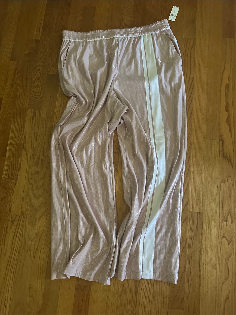 Maeve Light Pink Shimmer Wide-Leg Pants with White Stripe